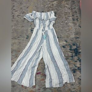 Surf Gypsy White & Blue Striped Off-Shoulder Jumpsuit